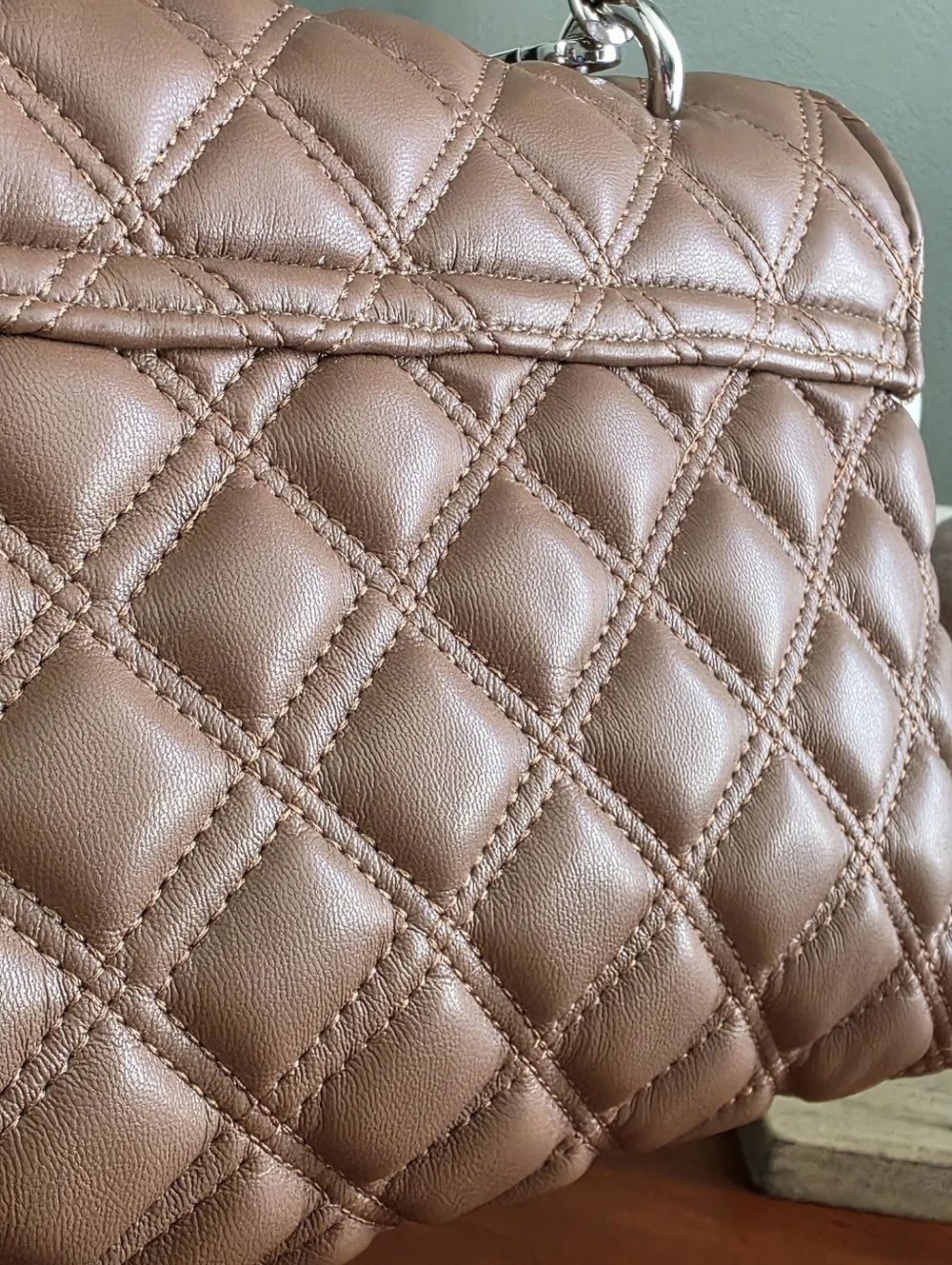 Steve Madden Quilted Chain Flap Crossbody Shoulder Bag Camel Taupe